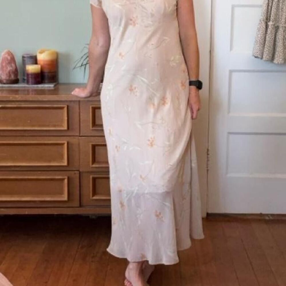 Express Lovely Vintage 90s Sheer Natural Toned Floral Maxi Dress Size 7/8